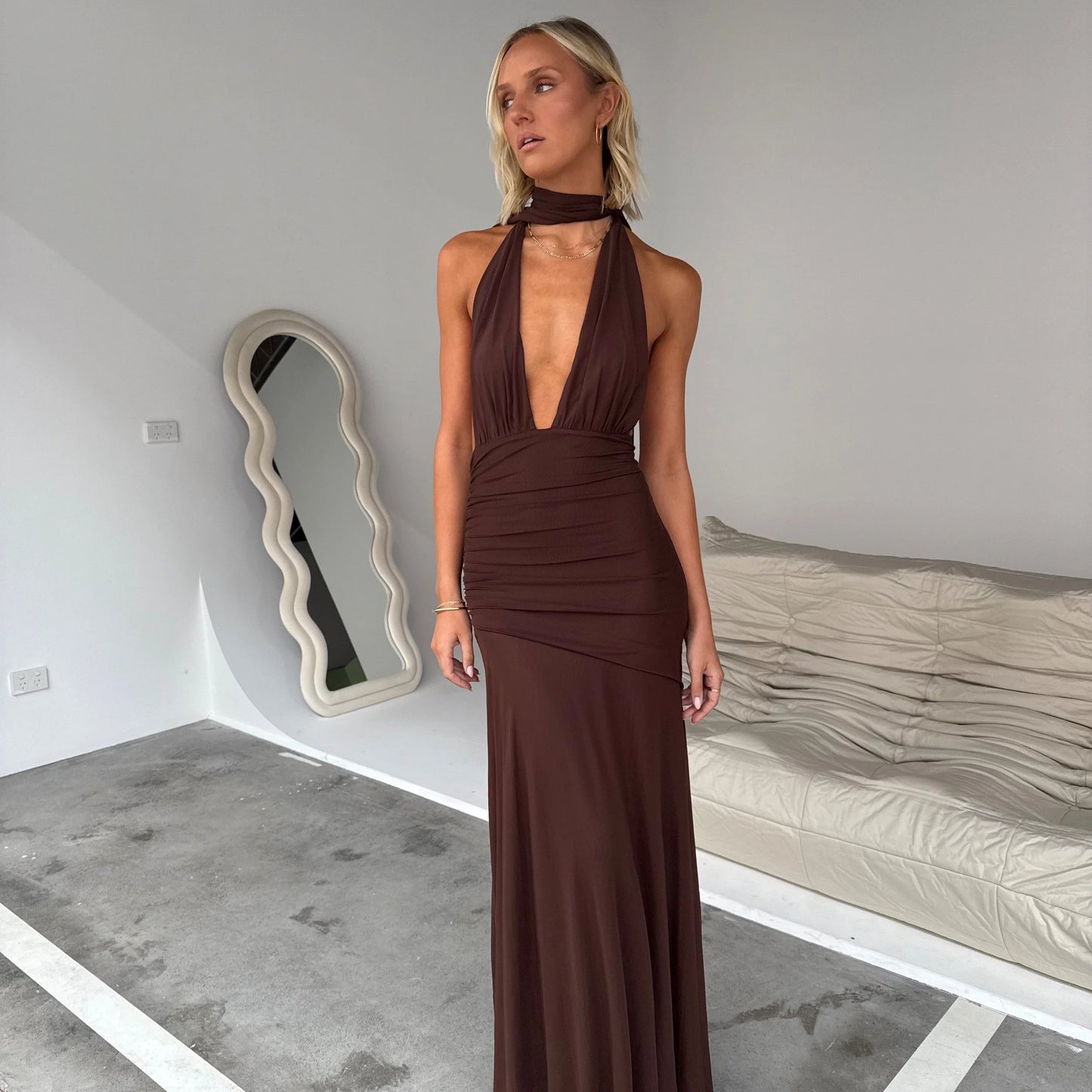 By Nicola Fiesta Halterneck Dress in Chocolate