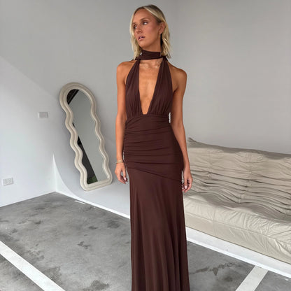 By Nicola Fiesta Halterneck Dress in Chocolate