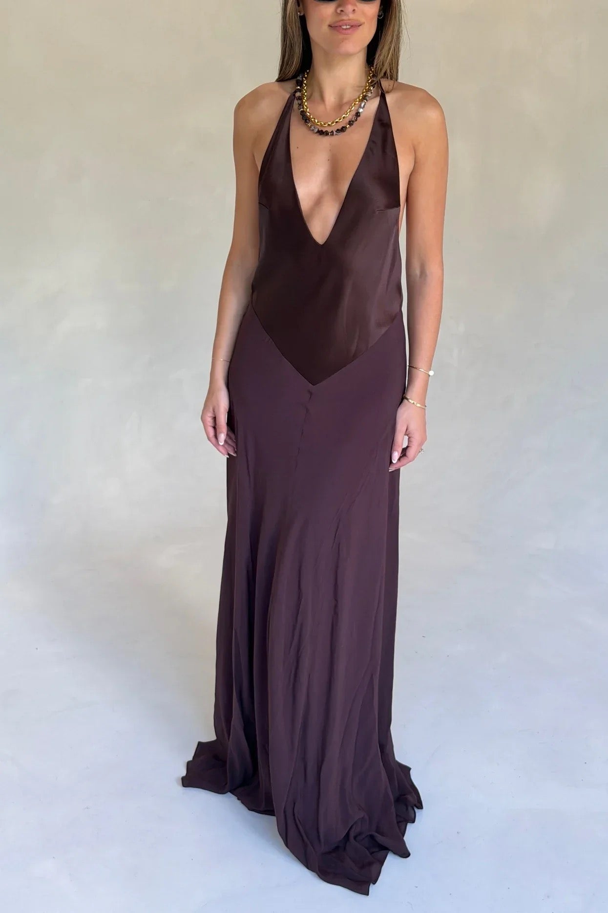 Sneaky Link Jaz V Neck Maxi Dress Chocolate